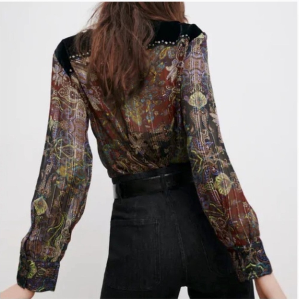 NWT Zara Paisley Printed Velvet Studded Blouse Multicolor Metallic Thread Rare - Picture 3 of 6
